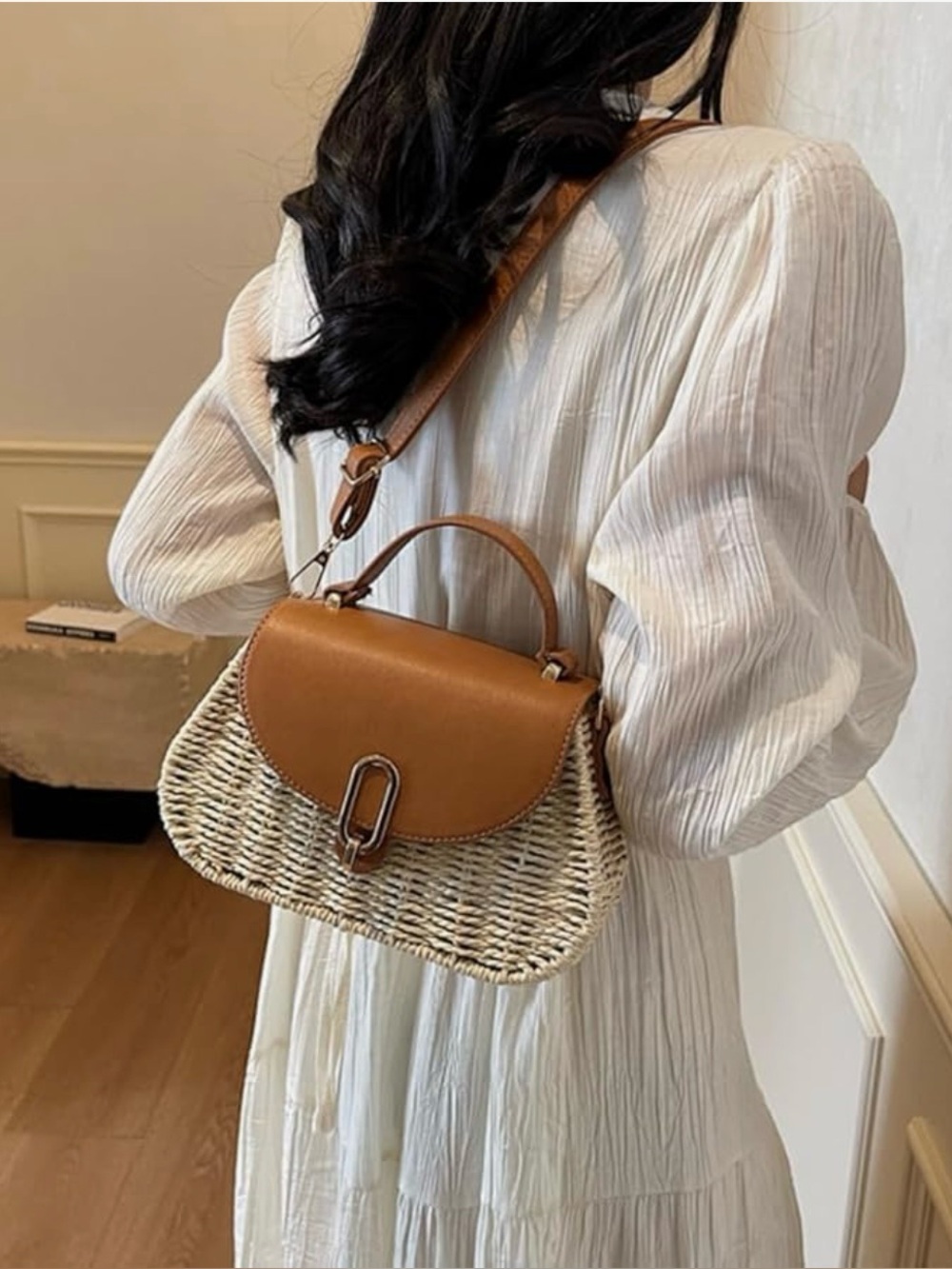 Woven Tan and Cream Top-Handle Satchel with Adjustable Strap - Picture 4 of 6